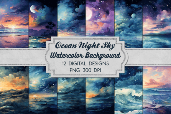 Download Watercolor Ocean Night Sky Digital Paper - Night sky Collection